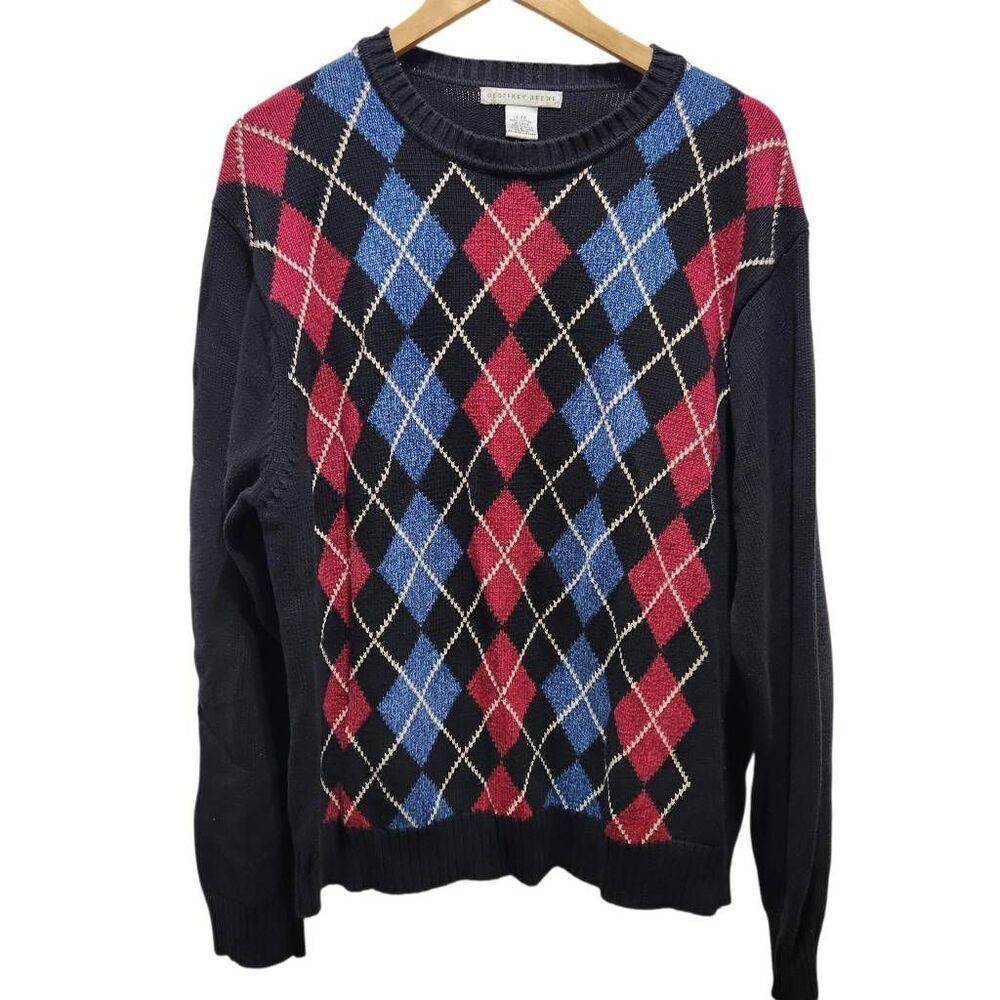 Vintage Geoffrey Beene argyle sweater crewneck Large black red blue white cotton